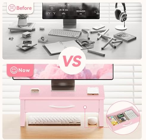 Desk Organizers and Accessories, Computer Monitor Stand Riser with Fabric Drawer, 2-Tier Laptop Stand for Desk, Office O