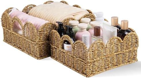 Scalloped Basket Set of 2，Resin Wicker Basket for Organizing and Decor Hand-Woven Wicker Storage Baskets with Built-In H