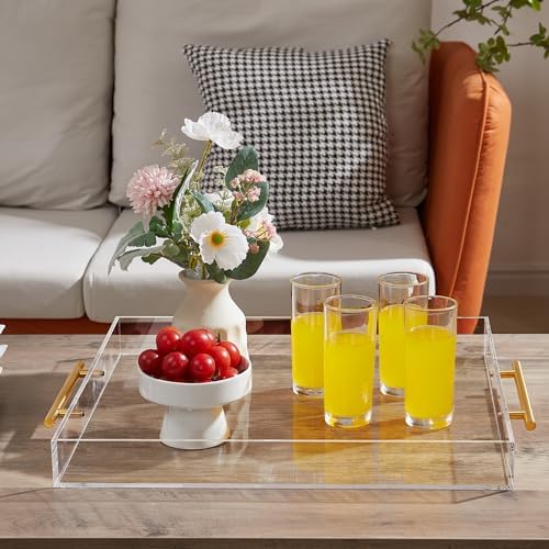 Large Clear Acrylic Serving Tray (16×18 Inches) with Gold Handles Spill Proof Acrylic Decorative Tray Organiser for Otto
