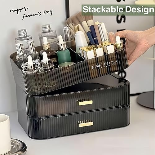 Makeup Organizer for Vanity, Large Desk Organizer with Stackable Drawer for Cosmetics, Skincare, Lipsticks, Palette, Nai