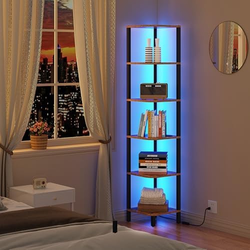 TUTOTAK Corner Shelf with LED Light, 6-Tier Corner Bookshelf