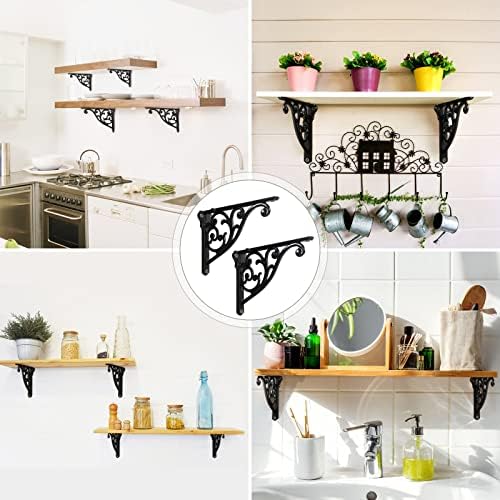 2 Pack 8 Inch Shelf Brackets, Black Shelf Brackets,Metal Bracket for Shelves Ornate Heavy Duty Decorative wall Brackets 