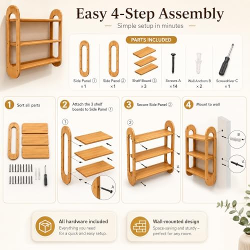 3 Tier Wall Shelf, Solid North American White Oak Floating Wall Shelf