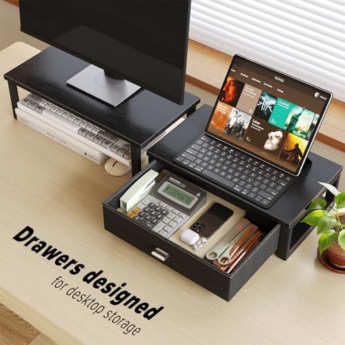 WOHOMO Dual Monitor Stand Riser with Drawers, Wood Desk Organizers for 2 Monitors, Desktop Storage Stand for Computer, L