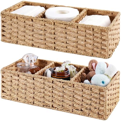 Vagusicc 3-Section Wicker Baskets for Shelves, Hand-Woven Round Paper Rope Wicker Storage Basket, Toilet Paper Basket fo