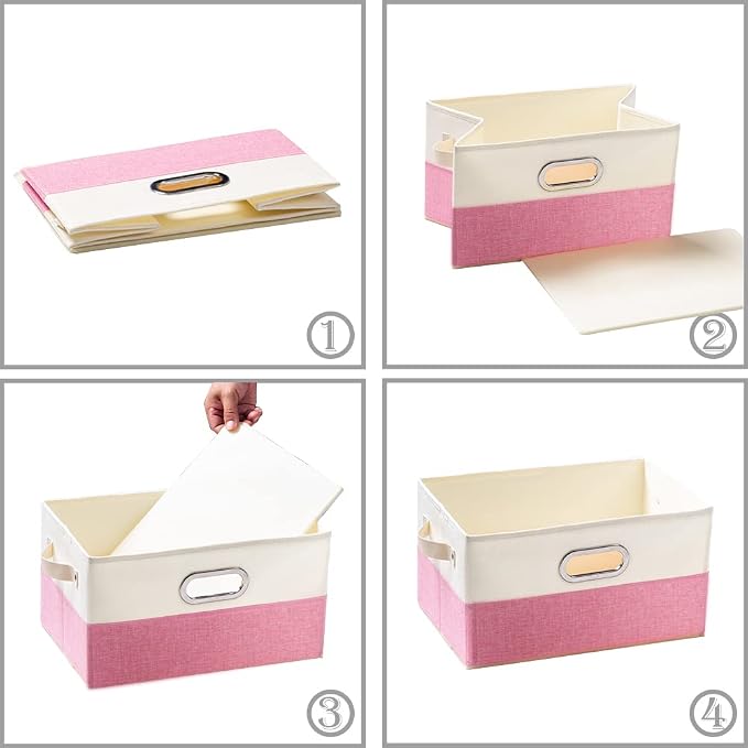 PRANDOM Fodable Storage Bins for Closet [3-pack] Decorative Fabric Storage Baskets Cubes with Leather/Metal Handles for Shelves Bedroom Living Room Pink&Cream (11.5x8.5x6.7 Inch)