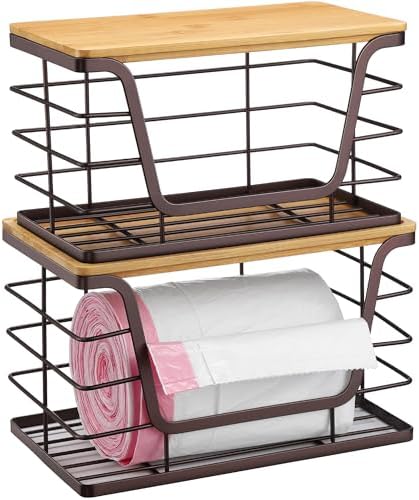 ALOCEO 2 Pack Stackable Wire Storage Basket with Bamboo Lid, Trash Bag Dispenser Under Sink for 4-13 Gal Bags, Kitchen S