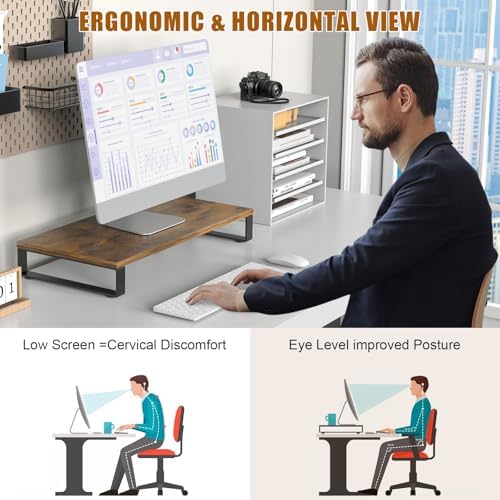 Ywin Monitor Stand Riser for Desk, Computer Monitor Stand Laptop Riser Stand Desk Wood & Steel, Underneath Storage for O