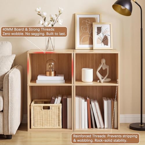 YAHARBO 2 Cube Bookshelf, Natural Record Player Stand with Vinyl Storage Up to 100 Albums, Horizontal Book Shelf, Small 