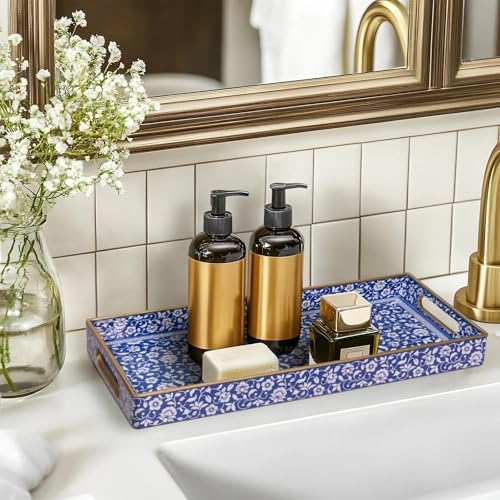 MAONAME Blue Bathroom Vanity Tray, Plastic Decorative Trays with Handles