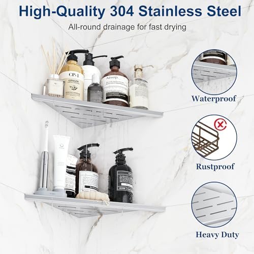 Qeke 10" Corner Shower Shelves 304 Stainless Steel, Brushed Nickel, 2 Pack