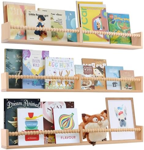 birola Nursery Shelves with Beads Design - 32 Inches Wall Book Shelves Set of 3, Space-Saving Nursery Book Shelves for K