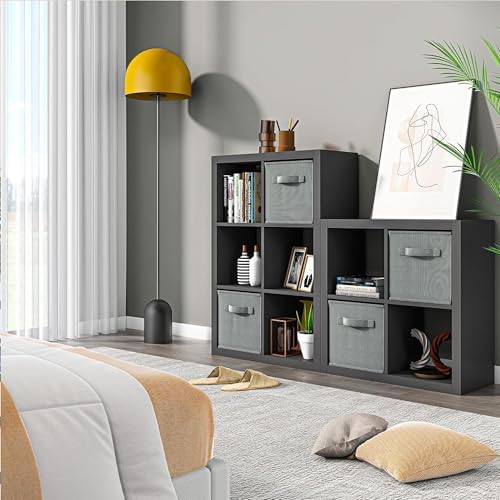 furtble Bookshelf with Storage Bins, 6 Cube Storage Organizer, Modern Wood Bookcase, Multifunctional Display Shelf for L