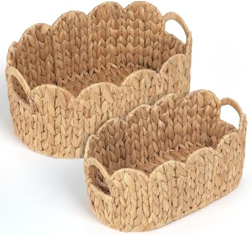 iEGrow Scalloped Wicker Basket, Set of 2 Hand-Woven Natural Rattan Baskets with Built-in Handles, Water Hyacinth Storage Oval Cute Baby Baskets for Nursery, Organizing, Decor and Shelves
