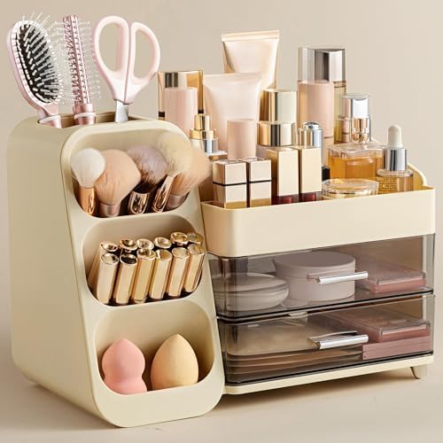 HBlife Makeup Organizer with Brush Holder for Vanity, Large Plastic Bathroom Countertop Organizer Skin Care Storage, Eas
