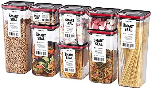 Neoflam Smart Seal 8pc Patent Airtight Kitchen Pantry Canister/Organizer Clear Plastic Container & Simple Twist, 100% Leak Proof, Dishwasher Safe, BPA Free, Dry Food Storage Set, Square, Black/Red Lid