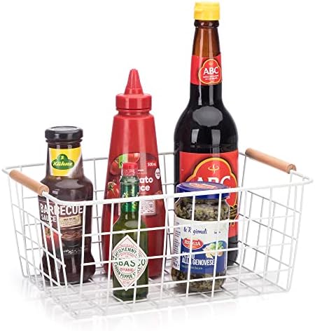 Metal White Wire Basket,Food Storage Organizer with Wooden Handles, pantry organizers and storage for Organizing Kitchen
