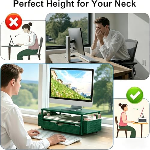 Spacrea Computer Monitor Stand with Drawer and 2 Pen Holders, Green