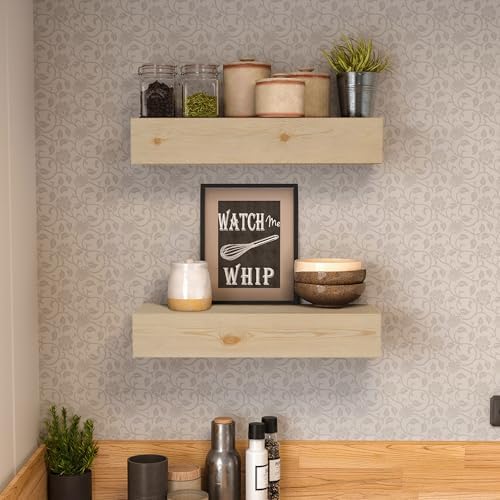 Wall Floating Shelves, Rustic Wood Wall Shelf Handmade (Unfinished - No Stain, 17 Inch - 2 Pack)