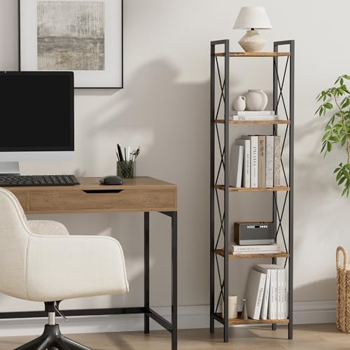 Homhedy 5 Tier Small Bookshelf, Tall Narrow Bookcase, Metal Book Shelf