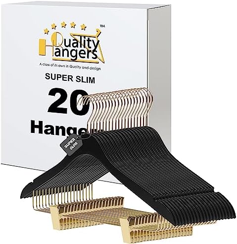 20 Luxury 16.5" Ultra Thin Space Saving Black Wooden Skirt Pant Hangers, 360 Degree Swivel Hook, Best for Suit, Coat Hangers Pants, Blouses, Dress Hangers Black with Gold Hook (Skirt/Blouse, 20)