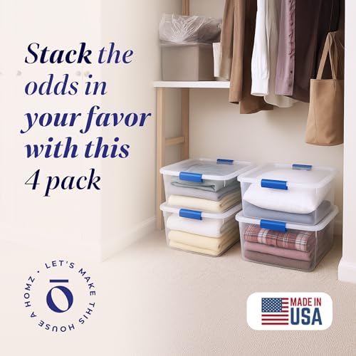 HOMZ Clear Plastic Storage Bins with Latching Lid, 15.5 Qt, Blue, 4 Pack