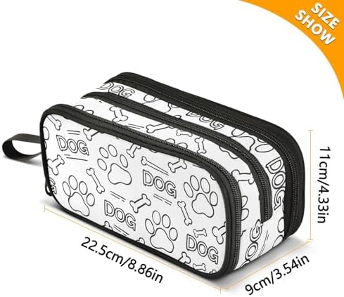 Dog Paw Print Bones Pencil Case Box Boys Girls Large Pencil Pouch Zipper Compartments Big Capacity Stationery Pen Bag Organizer for Kids Teens Adults School Office