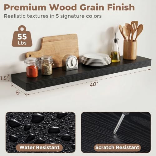 8 inch Deep Floating Shelves for Wall, 40" Wide, Black Finish, 2-Pack