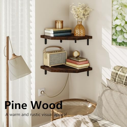 Alsonerbay Pine Wood Corner Shelves with Cord Hole 2-Pack, Carbonized Black