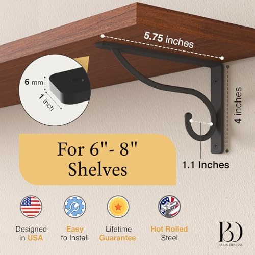 Closet Rod Bracket, 6 Inch Hook Shelf Brackets Heavy Duty Wall Mounted, Black Closet Rod Support Brackets for Curtains, 