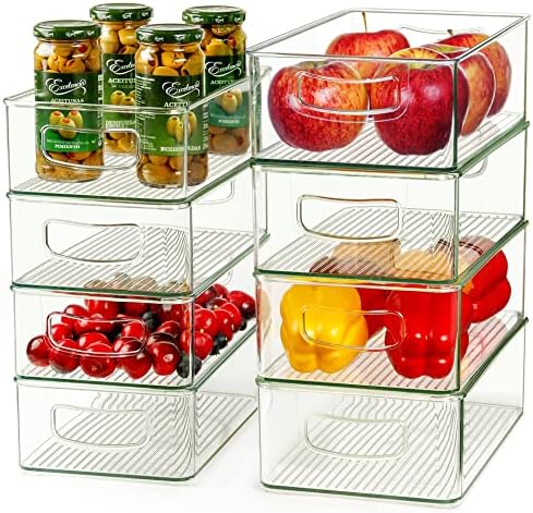 Hudgan Clear Storage Bins 8 Packs for Refrigerator, 4 Large Stackable Pantry Organizer Bins and 4 Medium Storage Plastic