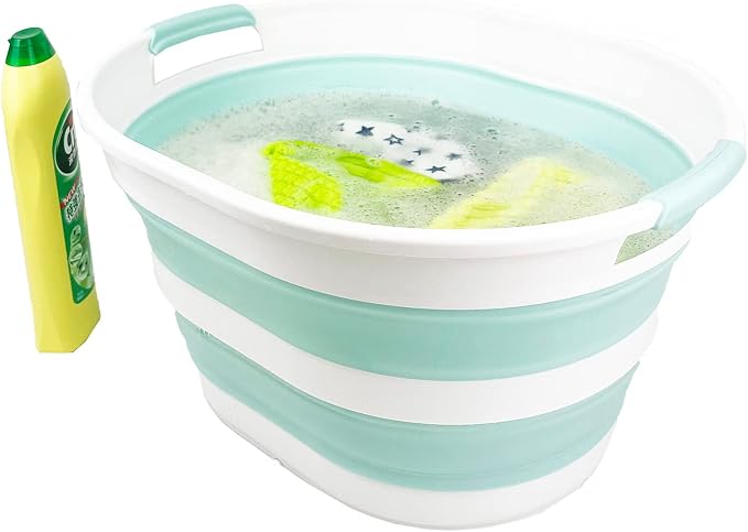 SAMMART 23L (6 Gallons) Collapsible Plastic Laundry Basket - Oval Tub/Basket - Foldable Storage Container/Organizer - Portable Washing Tub (White/Lake Green (Set of 2))
