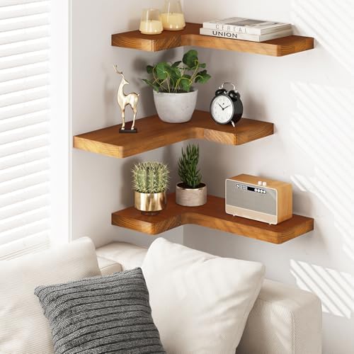 Fixwal Corner Floating Shelves for Wall Mounted Natural Solid Wood 16"x11.4" Farmhouse Home Decor Display Shelving Set o
