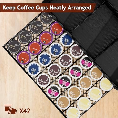 Homsorout Coffee Bar Organizer, Metal & Wood Coffee Station Holds 42 K Cup