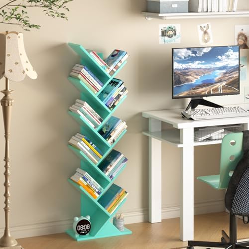 10 Tier Tree Book Shelf, Floor Standing Wood Bookshelf for Narrow Space