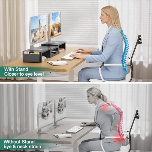 OPNICE Desk Organizer and Accessories, Computer Monitor Stand Riser with Drawer and 2 Pen Holders, Laptop Stand, Office 