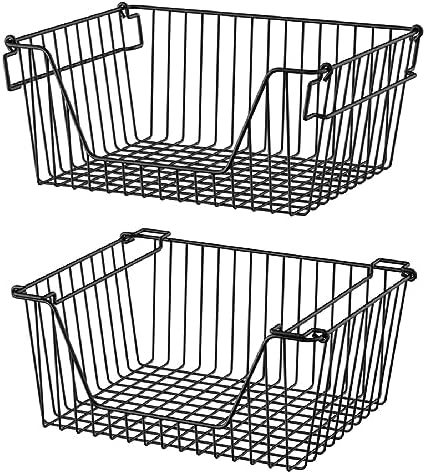 Slideep 14'' Black Stackable Storage Baskets Sturdy Metal Wire Freezer Bins Cabinet Organizer for Pantry Home Bathroom K