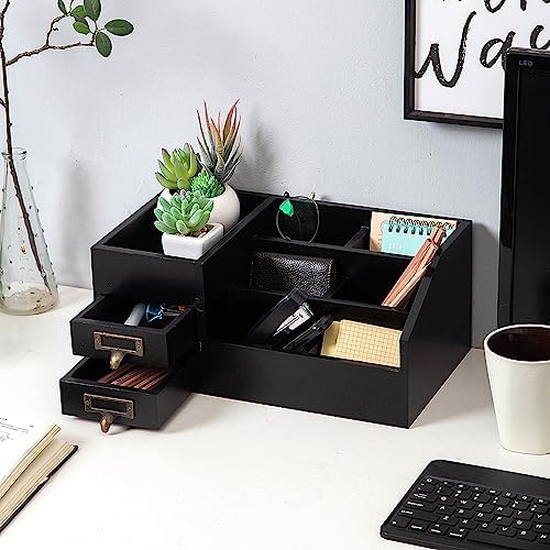 Distressed Rustic Wooden Office Desktop Organizer Wood Shelf Tabletop Home Organizer Storage with Multiple Compartments 2 Tier Drawers,perfect Jewelry storage Display Box for Desk, Vanity (Black)