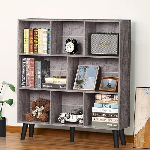 LEYAOYAO 8 Cube Bookshelf,Mid-Century Modern Bookcase with Legs,Dirty Grey