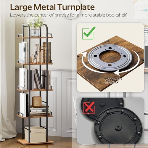 YATINEY 5 Tier Rotating Bookshelf, Freestanding Corner Bookshelf, 360 Spinning Bookcase Tower, Tall Industrial Style Org