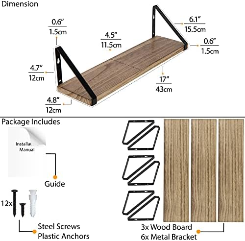 Wallniture Ponza Floating Shelves for Wall, Laundry Room and Bathroom Storage Shelf Unit Set of 3, Natural Burned Rustic