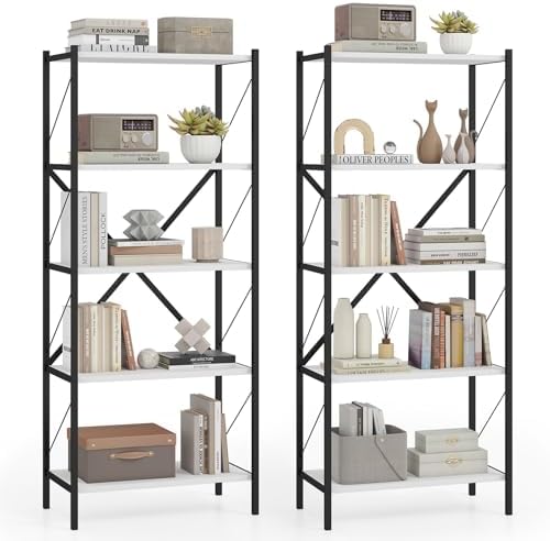 GIANTEX 5-Tier Tall Bookshelf Set of 2, Industrial Bookcase with Heavy-Duty Metal Frame, Modern Storage Book Shelf, Open