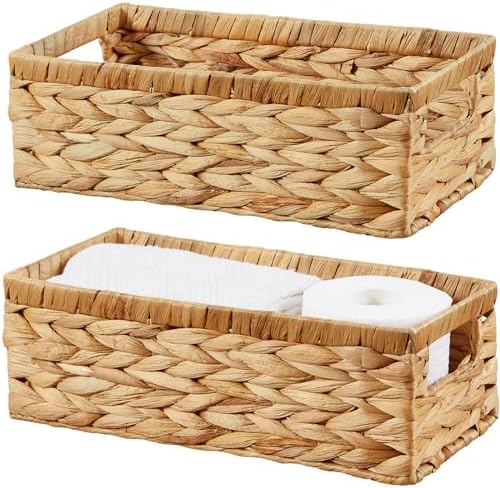Vagusicc Water Hyacinth Wicker Storage Basket With Handles, Toilet Paper Basket for Tank Top, Small Baskets for Organizing Shelves, 2-Pack