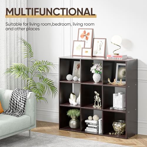 SUPER DEAL 9 Cube Storage Organizer, 3 Tier Bookshelf Open Shelf Display Rack with 5 Removable Back Panels Wood Bookshel