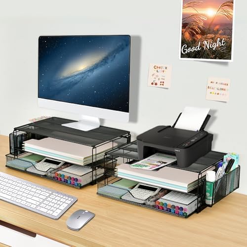 AUPSEN 2 Tier Computer Monitor Stands with Drawer and 2 Pencil Holder, Metal Monitor Stand Monitor riser, Computer Desk 