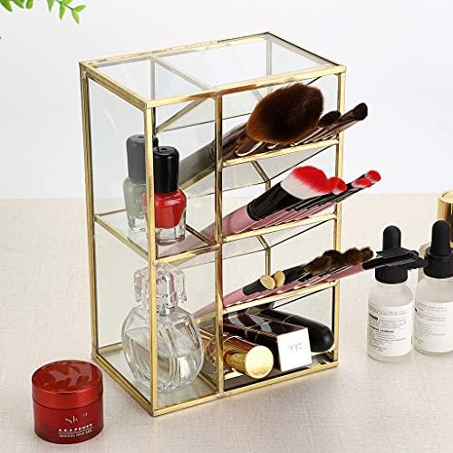 Hipiwe Vintage Gold Metal Desk Organizer - Glass Make up Brushes lipstick Holder Dresser Organizer Pen Pencil Storage Holder for Home Office Supplies (6 Compartment)