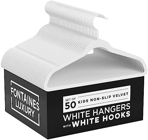 Fontaines Luxury Kid's White Velvet Felt Non Slip Clothes Hangers 50 Pack - Ultra Slim & Space Saving - Heavy Duty Swivel Black Hook for Children's Clothing, Shirt, Dress, Skirt & Pants Organization