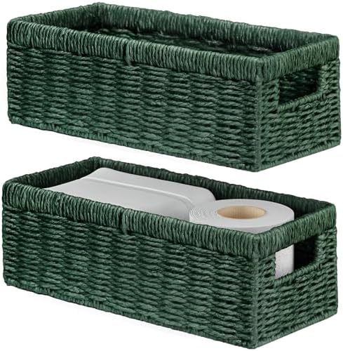 Vagusicc Wicker Storage Basket, Paper Rope Wicker Baskets with Handles, Toilet Paper Basket for Toilet Tank Top, Small Wicker Baskets for Organizing Shelves, 2-Pack, Green