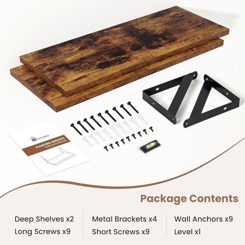 Axeman 20 Inch Floating Shelves, 8 Inch Deep Brown Wall Shelves Set of 2
