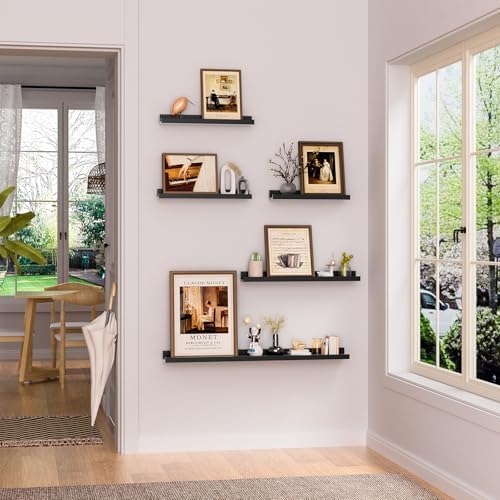 Heimlove Picture Ledge Shelf,24 inch Long Floating Shelves for Wall Set of 4,Black Picture Shelf with Lip for Wall Decor